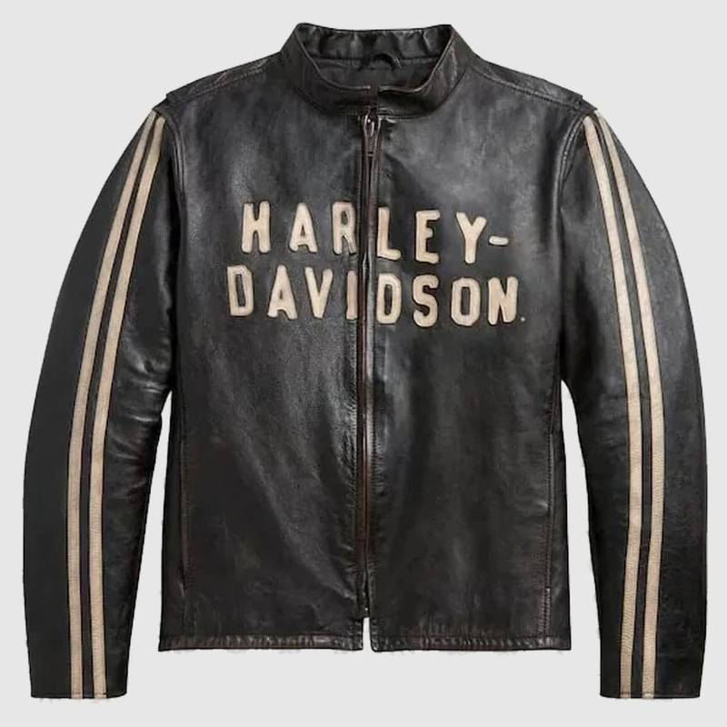 Black Harley Davidson Sleeve Stripe Leather Jacket RARE-LEATHER