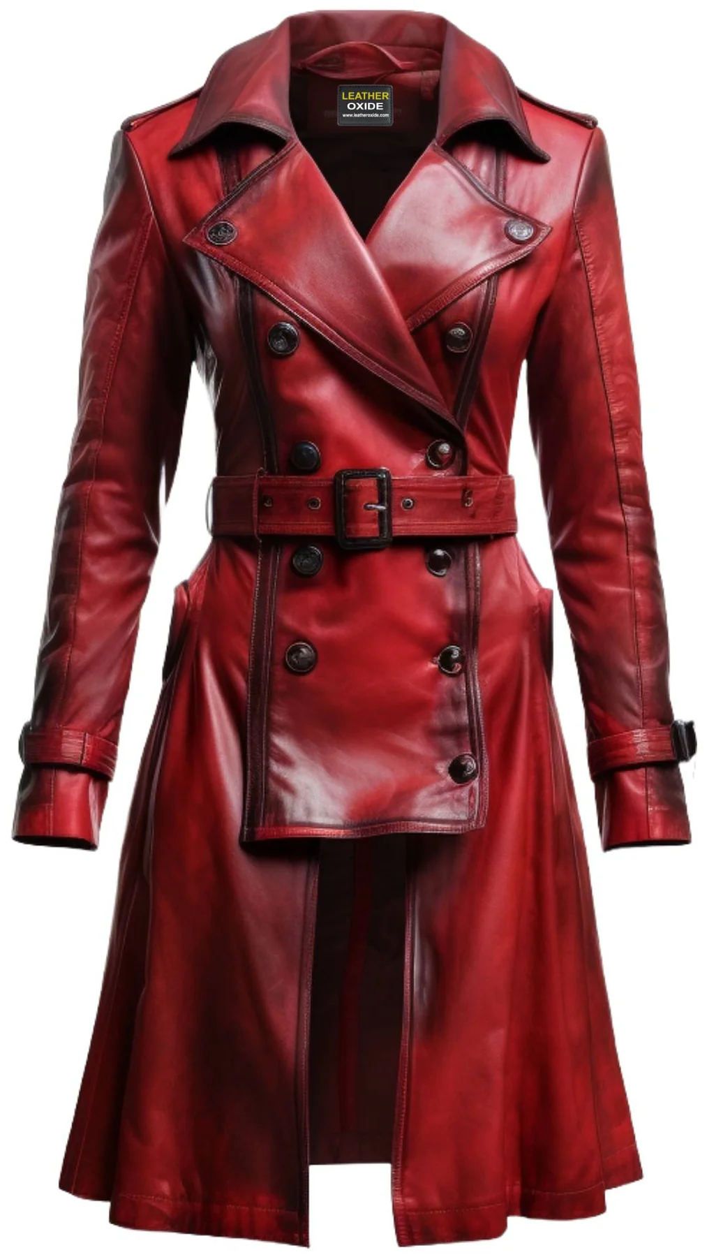 Women's Distressed Red Leather Long Coat - Distressed Leather Coat