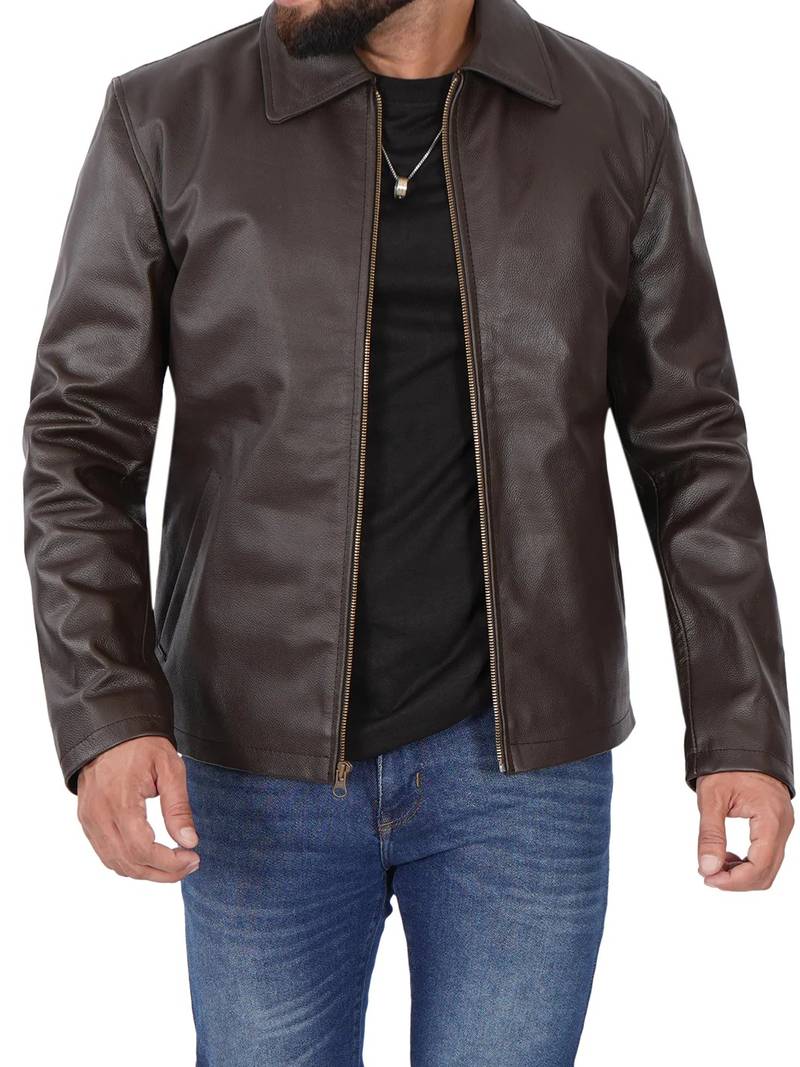 Dark Brown Shirt Collar Cowhide Men's Leather Jacket