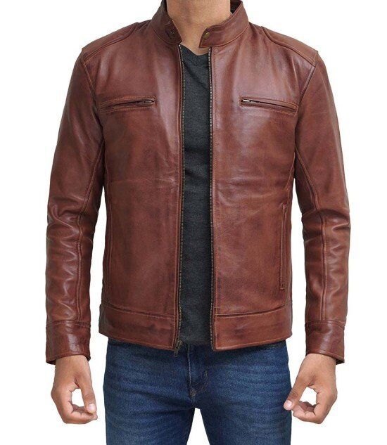 dodge mens cognac cafe racer lambskin leather jacket Rare-Leather