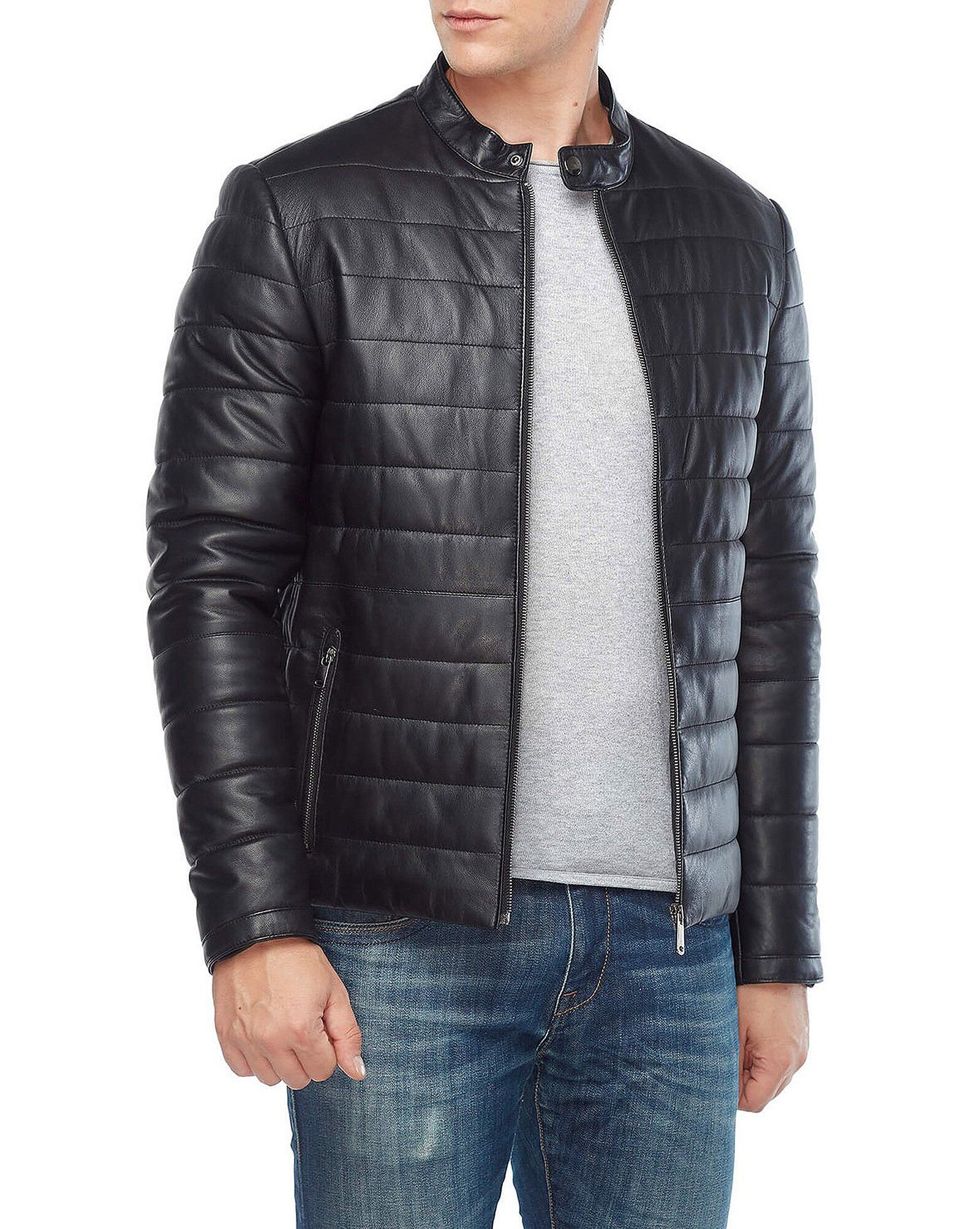 genuine black leather mens puffer jacket 4