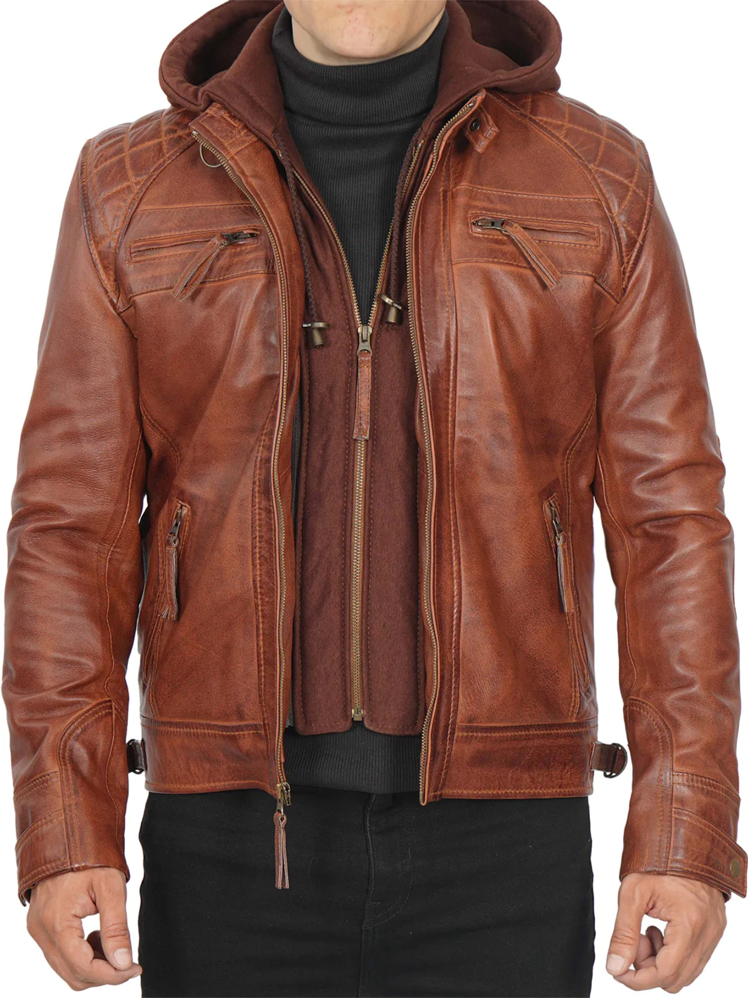 Johnson Men's Tan Hooded Leather Jacket - Rare-Leather