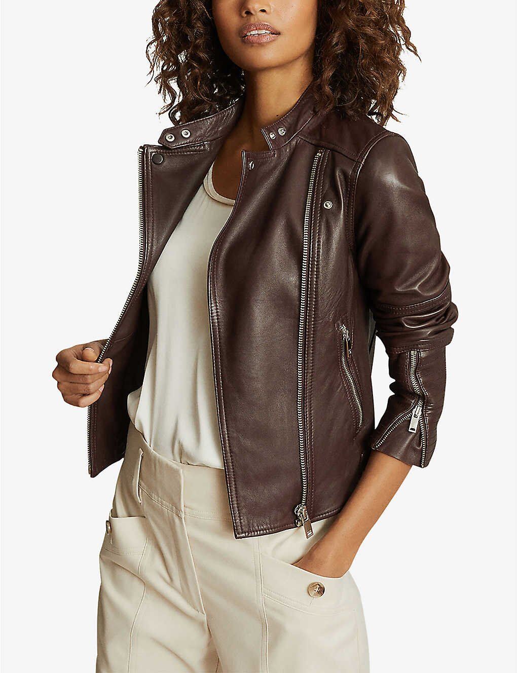 womens chocolate brown leather biker jacket