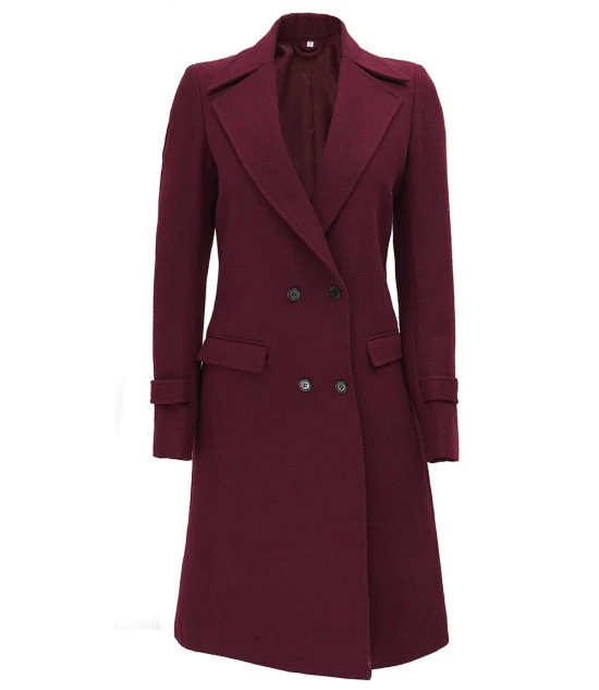 Women's Double Breasted Maroon Wool Long Coat