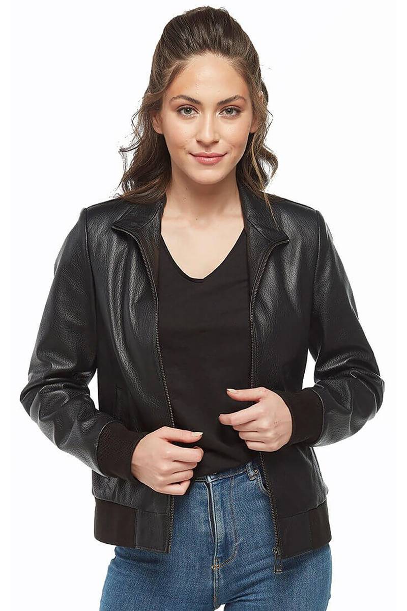 Women’s Leather Bomber Jacket in Black RARE-LEATHER