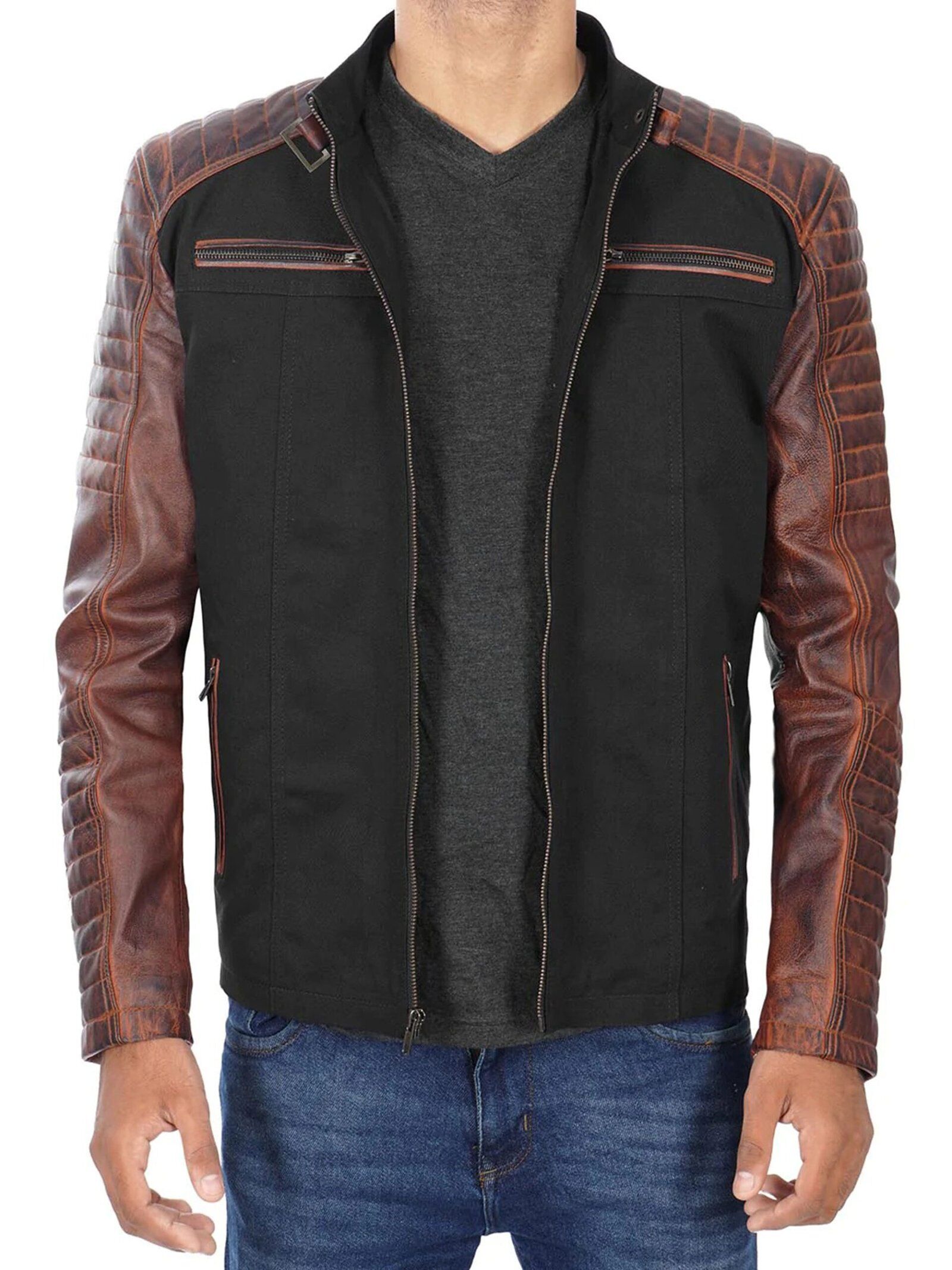 Darrell Men's Black and Brown Cafe Racer Leather Jacket