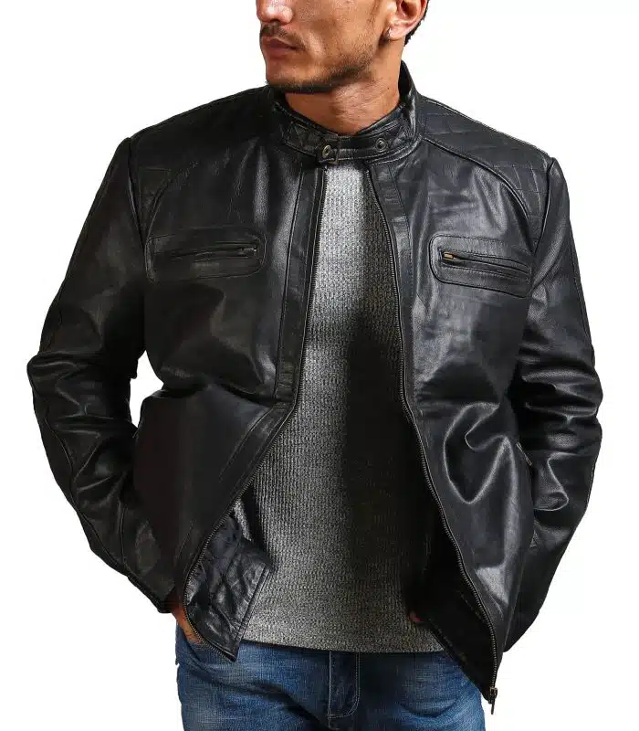 Garcia Mens Cafe Racer Black Leather Jacket